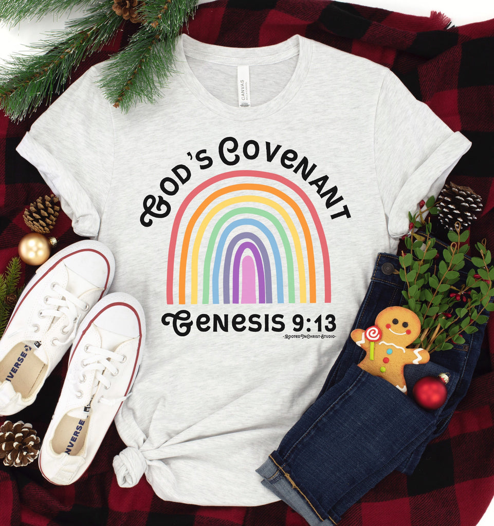 Light Ash Gray Shirt With God&#39;s Covenant Genesis 9:13 text surrounding a bright, hand-drawn rainbow.