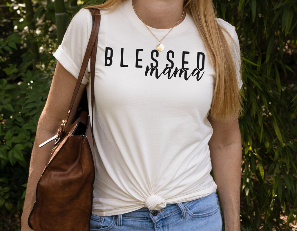 Blessed Mama Boy Mom Shirt - Women's Graphic Tee, Cotton Blend, Short Sleeve
