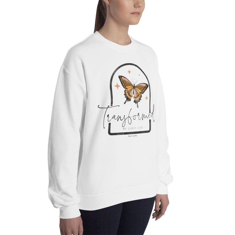 Transformed By God’s Love Retro Butterfly Crewneck Sweatshirt, Christian Sweatshirts for Her, Christian Gifts