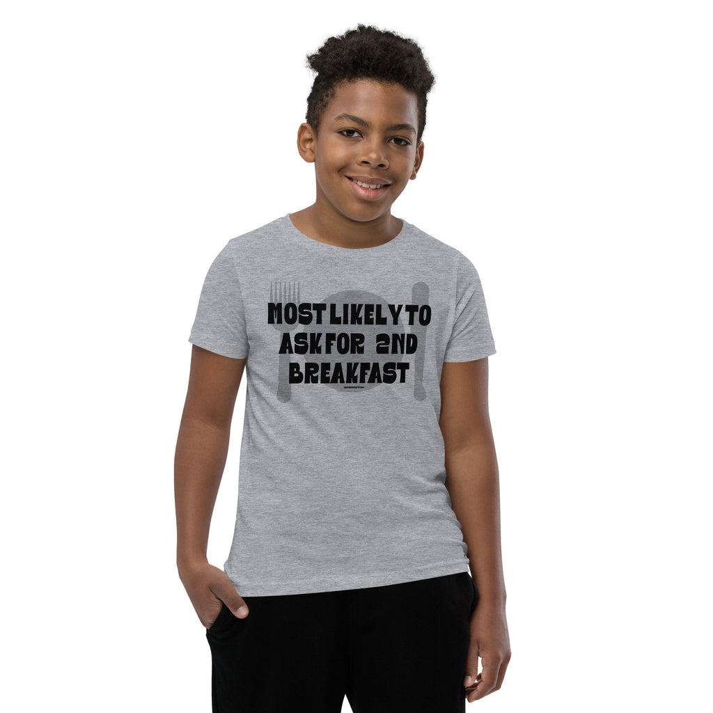 Most Likely To Ask For Second Breakfast Youth Tee, Funny Kids’ Literature Shirt, Homeschool Life