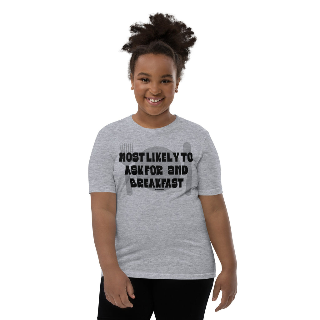 Most Likely To Ask For Second Breakfast Youth Tee, Funny Kids’ Literature Shirt, Homeschool Life