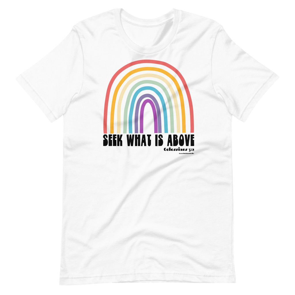 Seek What Is Above Christian Rainbow Shirt, Retro Inspired Colossians 3:2 Rainbow Shirt for Women, Bible Verse Crewneck Tee