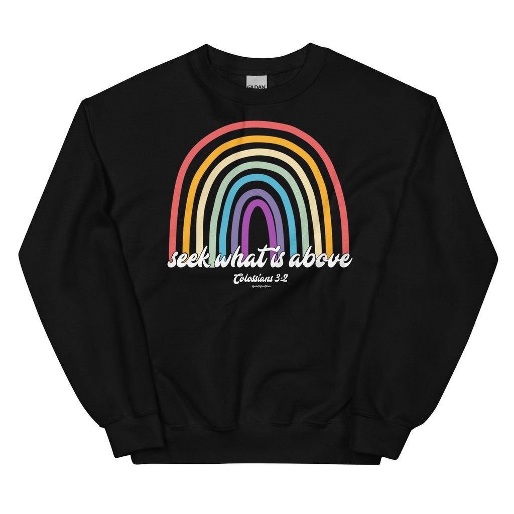 Seek What Is Above Colossians 3:2 Christian Rainbow Crewneck Sweatshirt, Bible Verse Sweater with Back Print, Christian Gifts