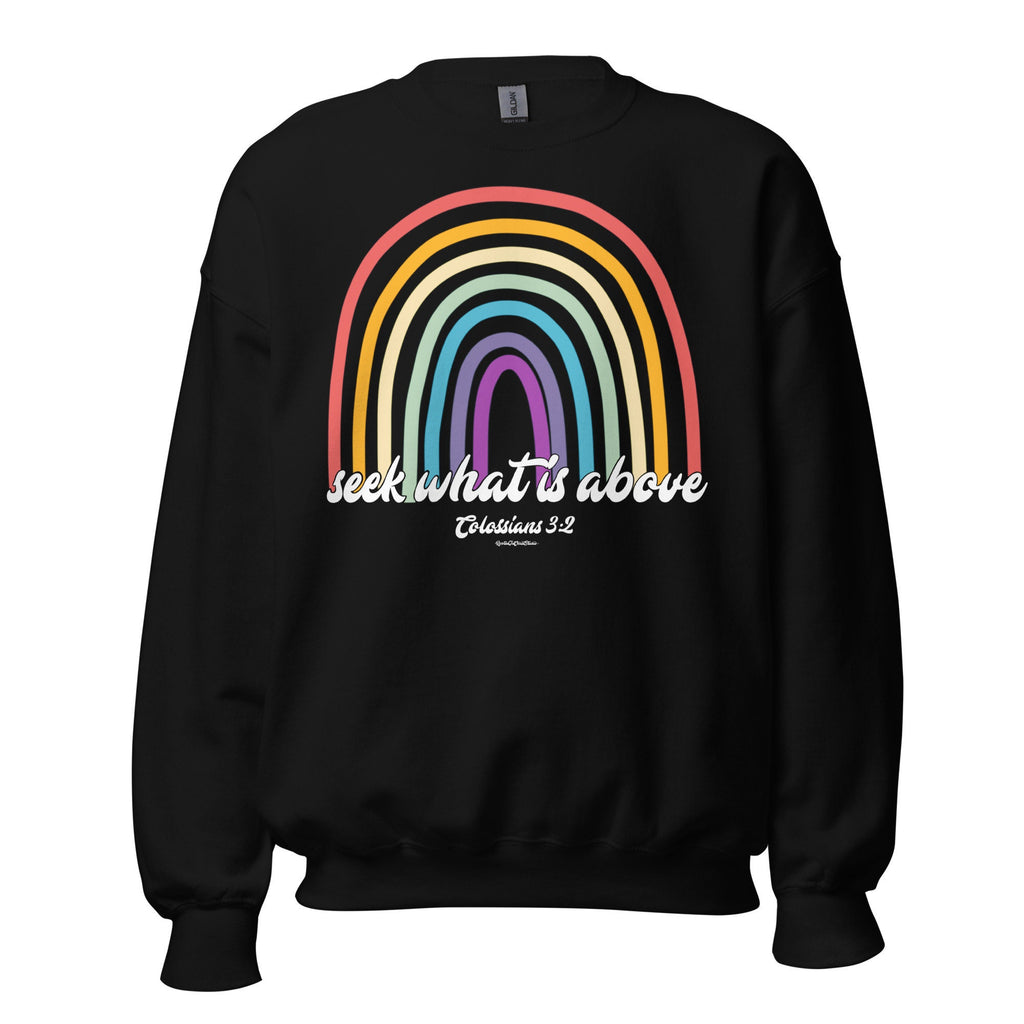 Seek What Is Above Colossians 3:2 Christian Rainbow Crewneck Sweatshirt, Bible Verse Sweater with Back Print, Christian Gifts