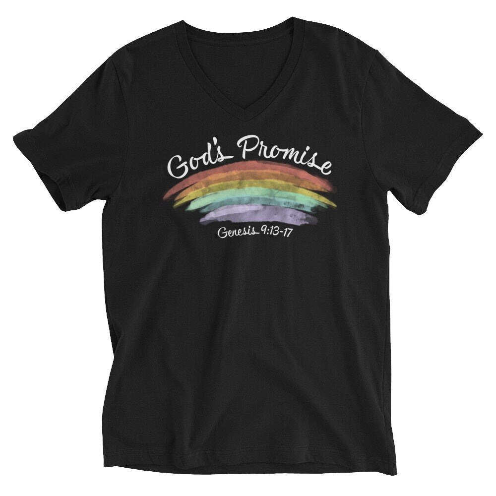 God’s Promise Genesis 9:13-17 with Bible Verse Back Print V Neck, Christian Rainbow Shirt for Women