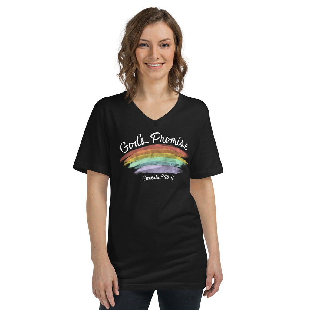 God’s Promise Genesis 9:13-17 with Bible Verse Back Print V Neck, Christian Rainbow Shirt for Women