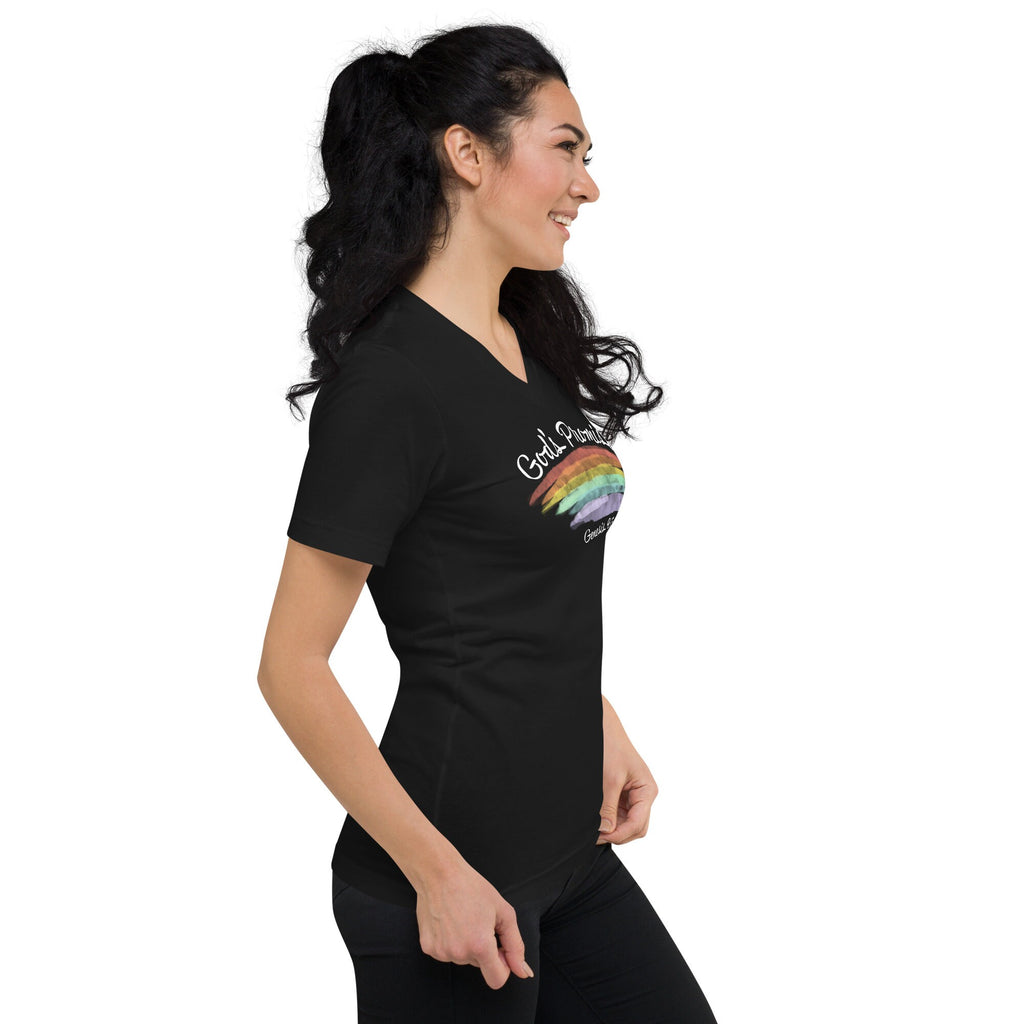 God’s Promise Genesis 9:13-17 with Bible Verse Back Print V Neck, Christian Rainbow Shirt for Women