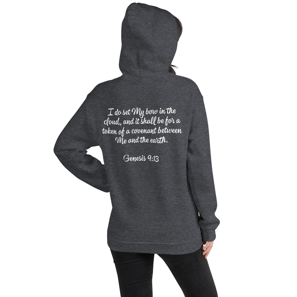 God’s Promise Christian Rainbow Genesis Hoodie with Genesis 9:13 text on Back, Christian Rainbow Hooded Sweatshirt