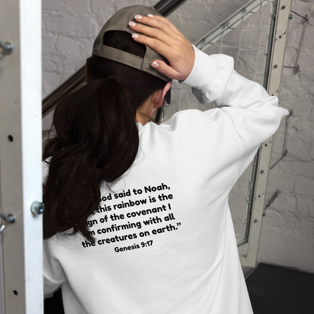 Reclaim the Rainbow Crewneck Sweatshirt With Genesis 9:17 Scripture Back Text, Christian Rainbow Sweatshirt