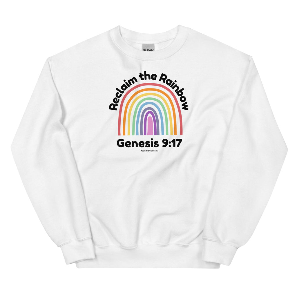 Reclaim the Rainbow Crewneck Sweatshirt With Genesis 9:17 Scripture Back Text, Christian Rainbow Sweatshirt