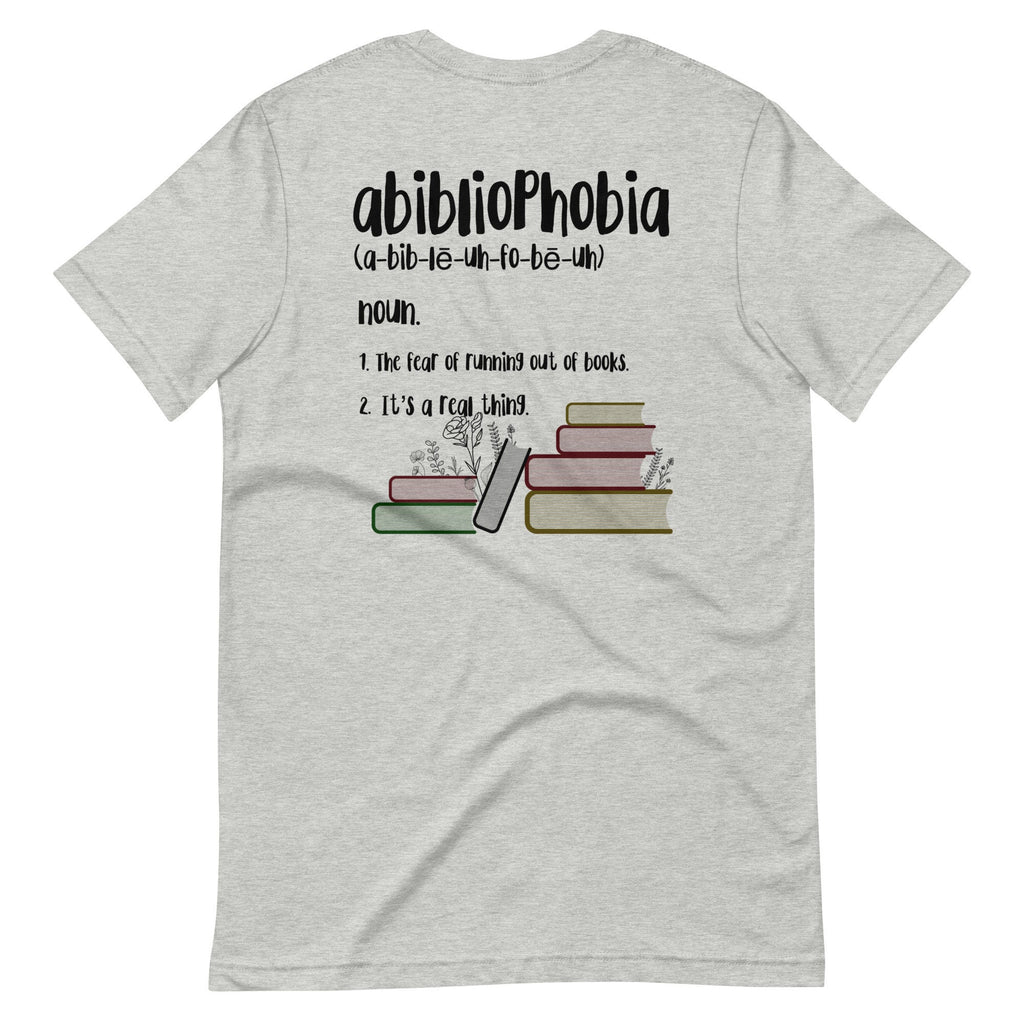 Abibliophobia Shirt With Front and Back Floral Book Print, Librarian Book Lover Gift, English Teacher Gift, Back to School