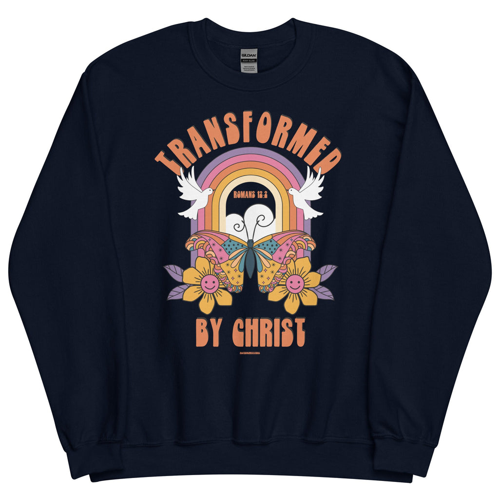 Transformed by Christ Romans 12:2 Crewneck Sweatshirt, Christian Retro Inspired Bible Verse Sweater