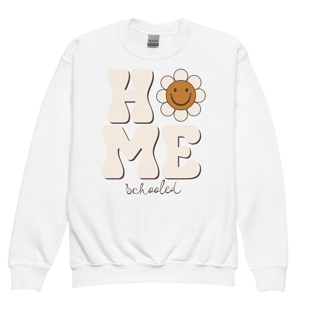 Home Schooled Youth Crewneck Sweatshirt with Smiley Face Flower, Fun Retro Inspired Homeschool Student Sweatshirt