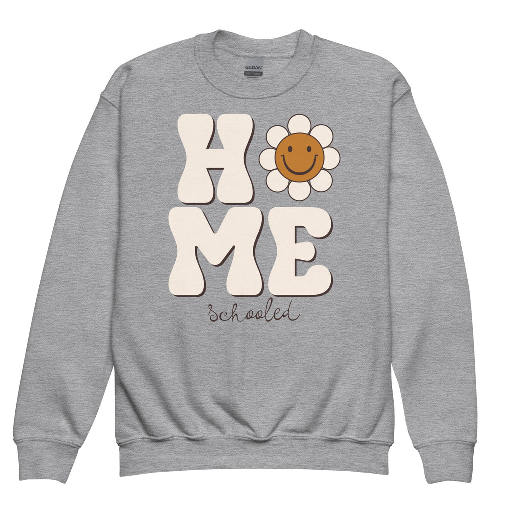 Home Schooled Youth Crewneck Sweatshirt with Smiley Face Flower, Fun Retro Inspired Homeschool Student Sweatshirt