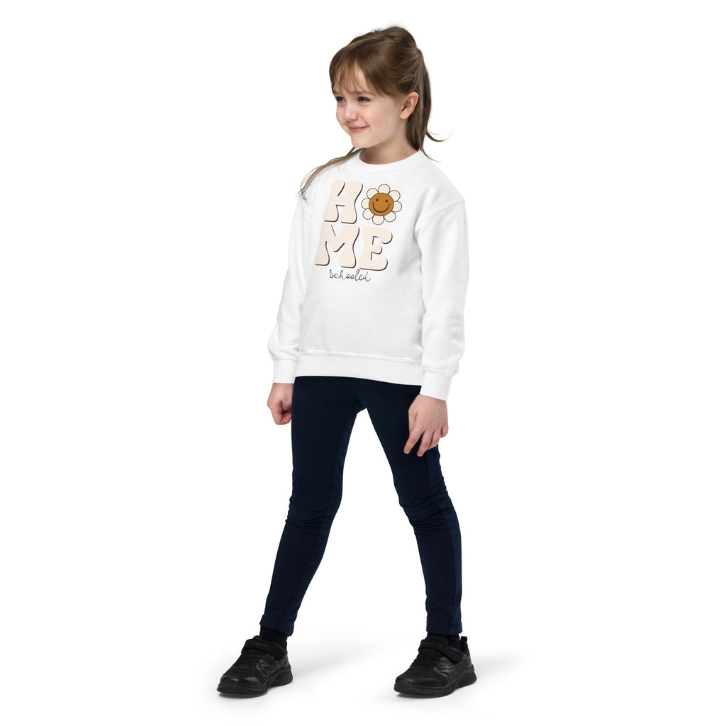 Home Schooled Youth Crewneck Sweatshirt with Smiley Face Flower, Fun Retro Inspired Homeschool Student Sweatshirt