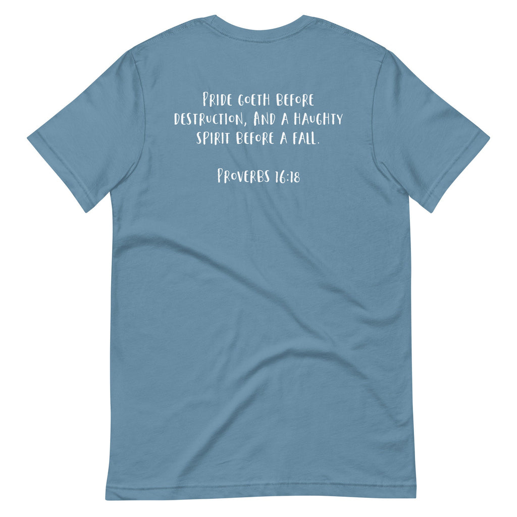 Promise Not Pride Shirt with Cross and Proverbs 16:18 on Back, Conservative Christian Rainbow Shirt