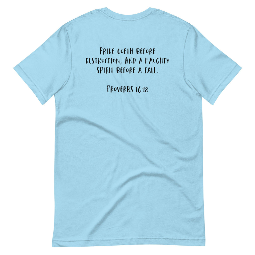 Promise Not Pride Shirt with Cross and Proverbs 16:18 on Back, Conservative Christian Rainbow Shirt