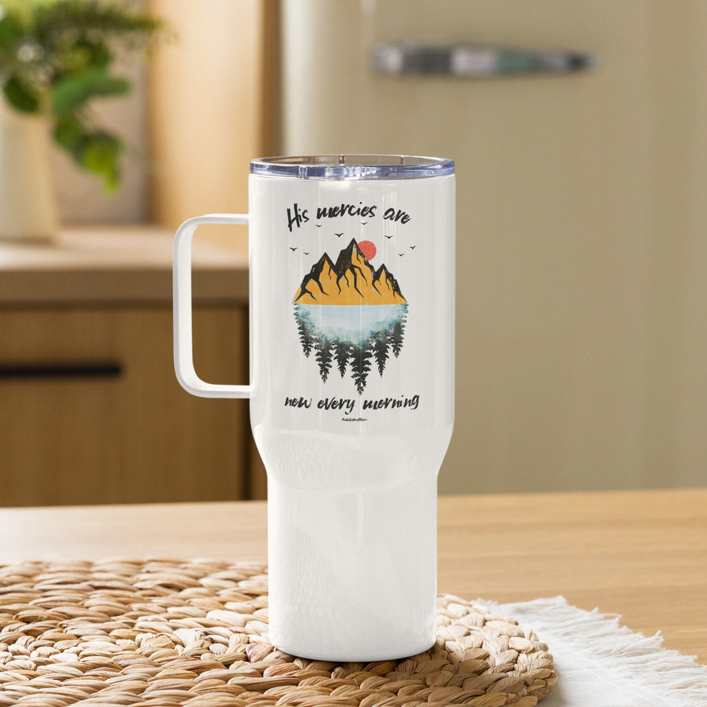 His Mercies Are New Every Morning Travel Mug, Christian Mountain Insulated Stainless Steel Travel Mug with Handle