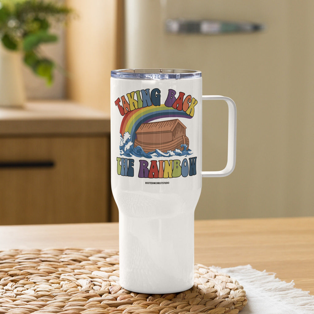 Taking Back the Rainbow Travel Mug, Custom Designed Christian Seven Color Rainbow with Noah’s Ark Travel Tumbler with Handle