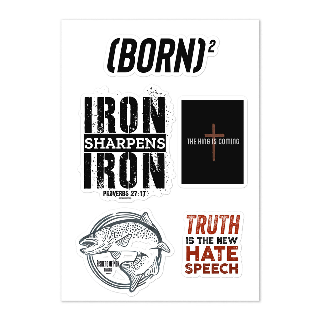 Christian Sticker Sheet, Iron Sharpens Iron, Fishers Of Men, Truth, Born Again, The King Is Coming, Stocking Stuffers, Laptop Stickers