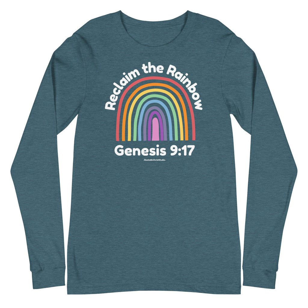 Reclaim the Rainbow Long Sleeve Tee With Back Scripture Text, Genesis 9:17 Christian Rainbow Shirt