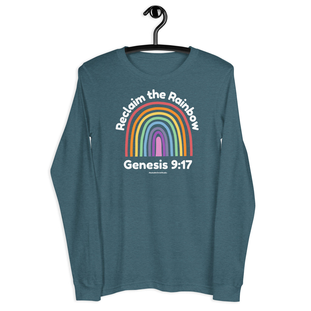 Reclaim the Rainbow Long Sleeve Tee With Back Scripture Text, Genesis 9:17 Christian Rainbow Shirt