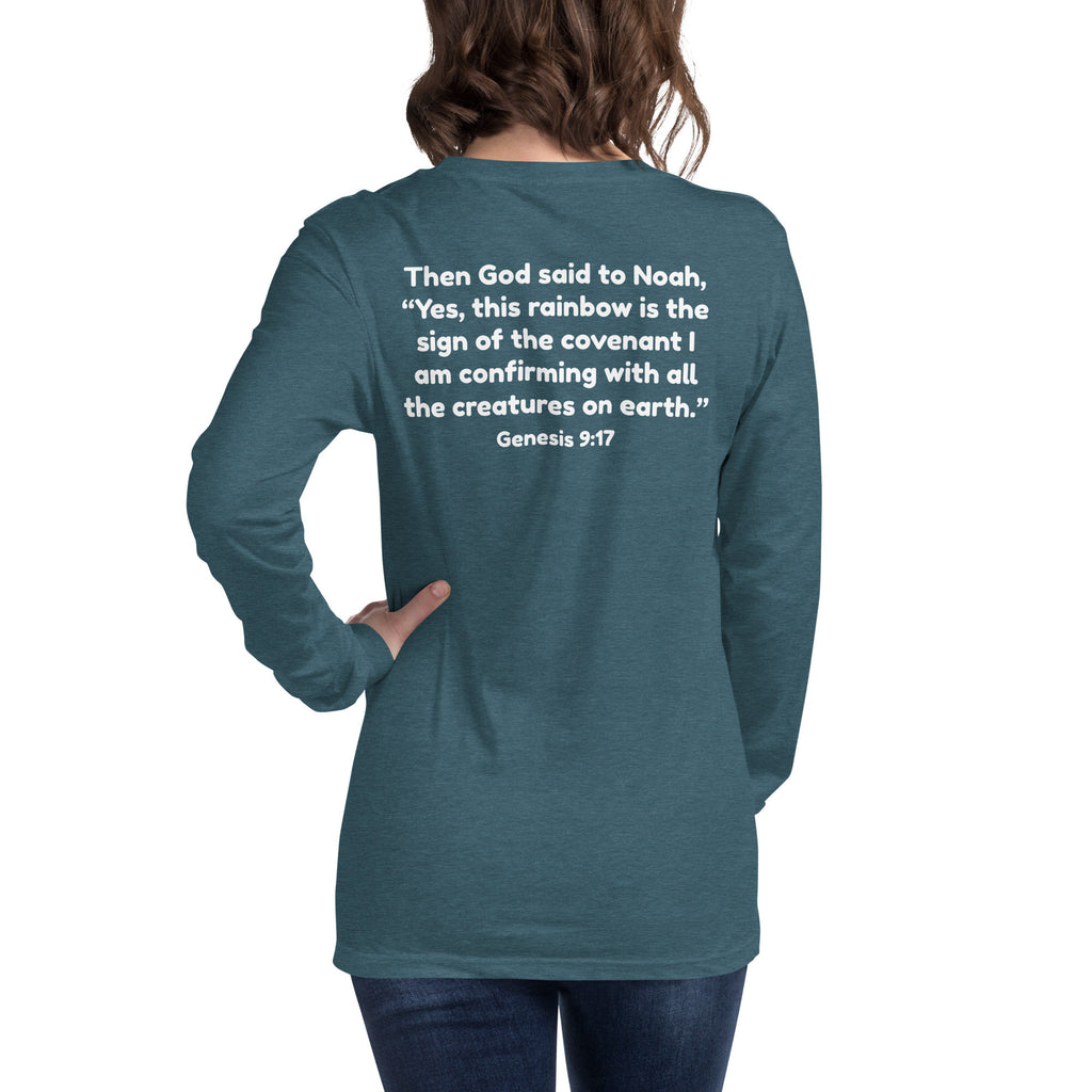 Reclaim the Rainbow Long Sleeve Tee With Back Scripture Text, Genesis 9:17 Christian Rainbow Shirt