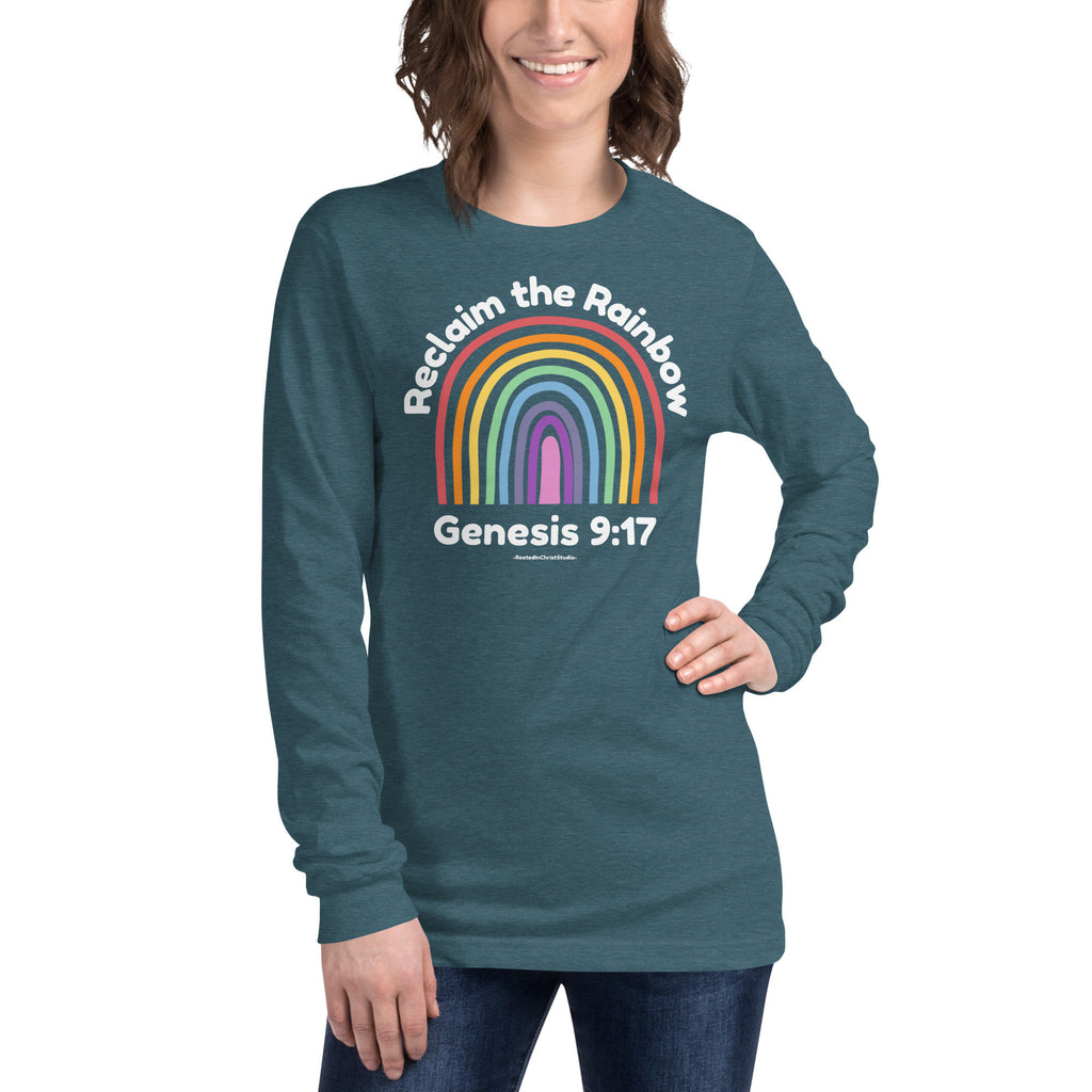 Reclaim the Rainbow Long Sleeve Tee With Back Scripture Text, Genesis 9:17 Christian Rainbow Shirt