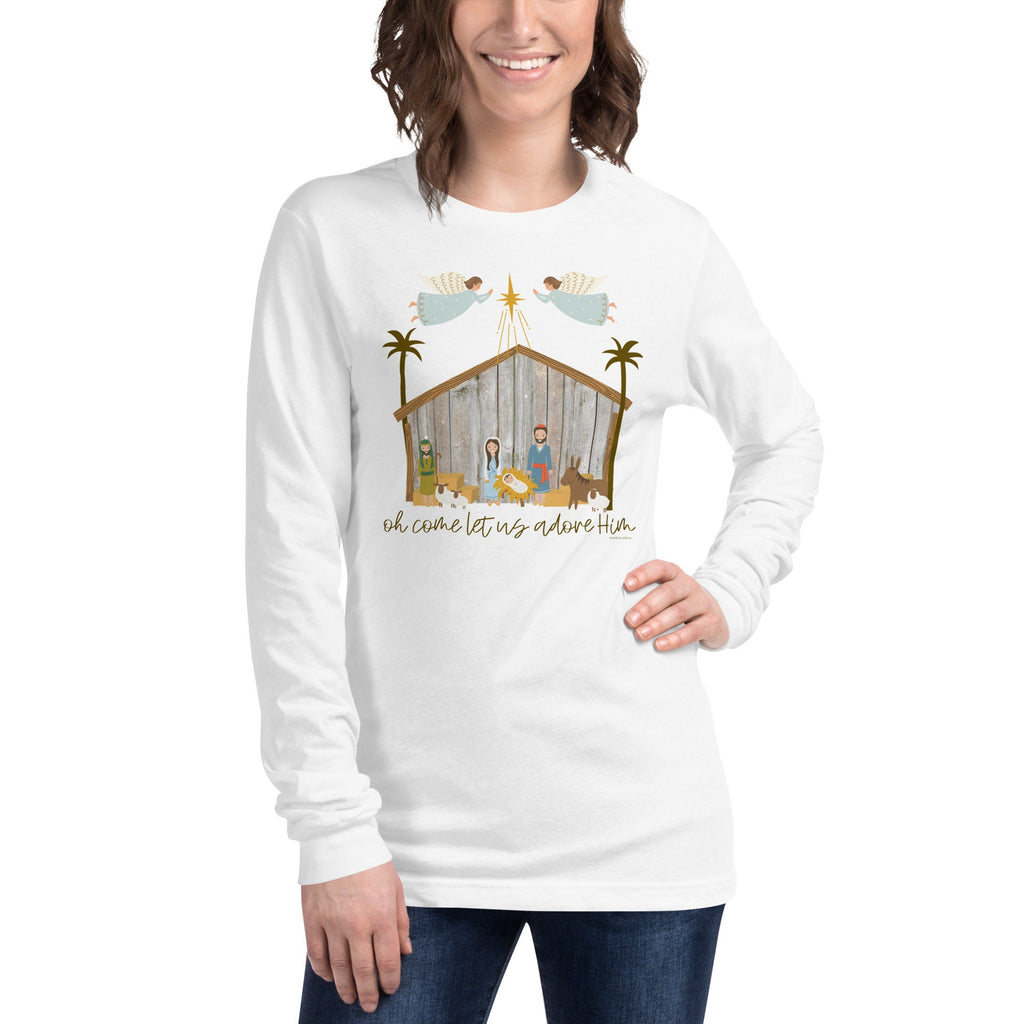 Oh Come Let Us Adore Him Christmas Nativity Long Sleeve Tee Shirt