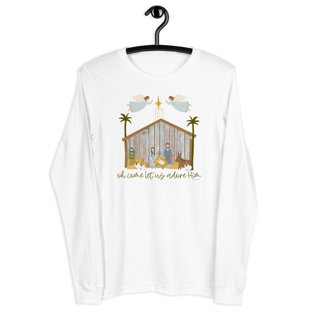 Oh Come Let Us Adore Him Christmas Nativity Long Sleeve Tee Shirt