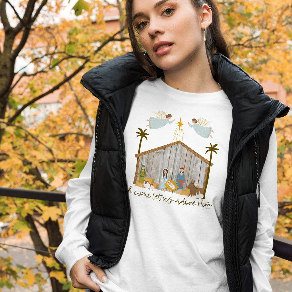 Oh Come Let Us Adore Him Christmas Nativity Long Sleeve Tee Shirt