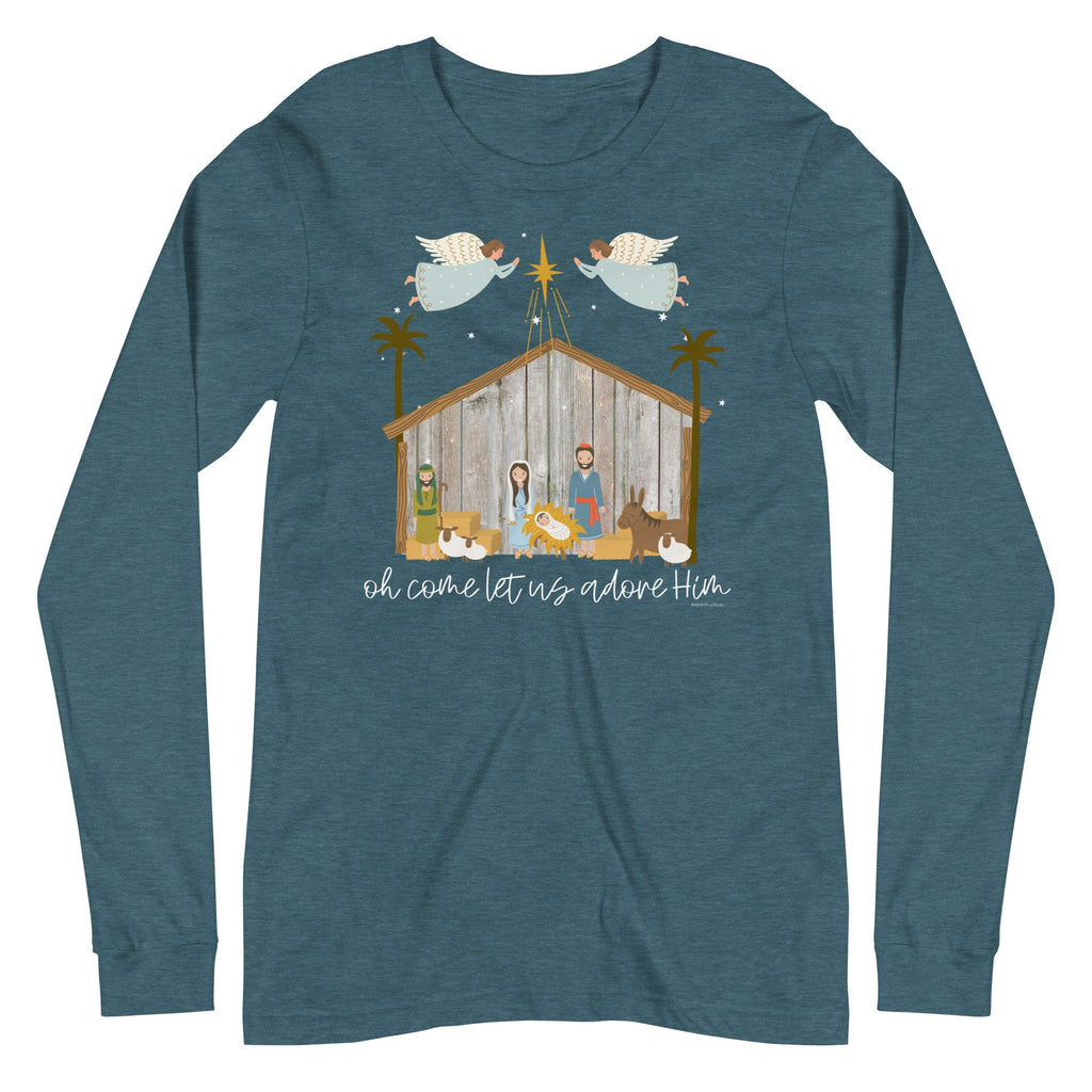 Oh Come Let Us Adore Him Christmas Nativity Shirt Long Sleeve Tee Shirt