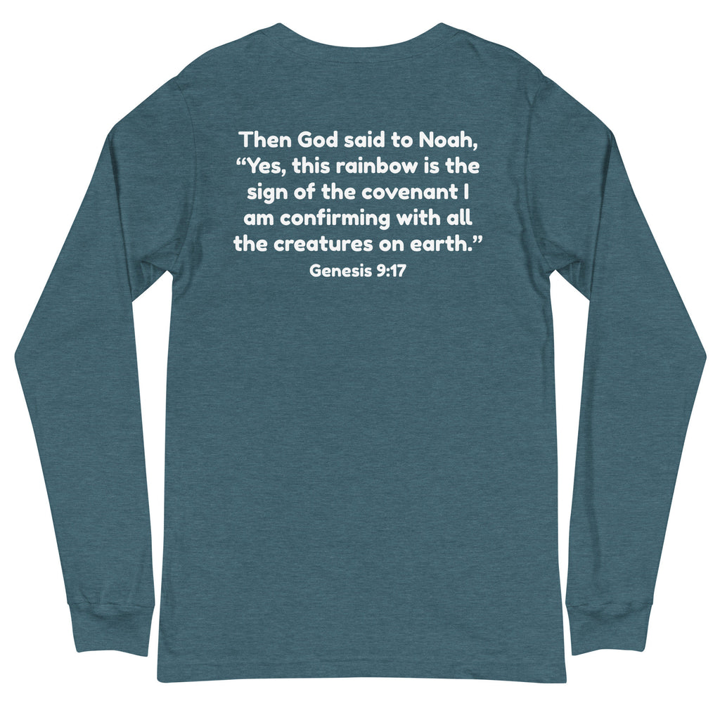 Reclaim the Rainbow Long Sleeve Tee With Back Scripture Text, Genesis 9:17 Christian Rainbow Shirt